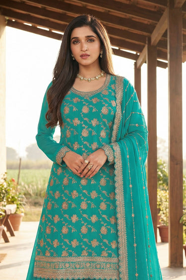 Nidhi Shah Chinon Fabric Embroidered Teal Readymade Palazzo Salwar Kameez