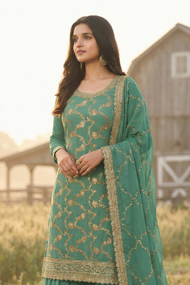 Nidhi Shah Sea Green Embroidered Chinon Readymade Palazzo Salwar Kameez