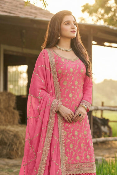 Nidhi Shah Chinon Fabric Embroidered Pink Readymade Palazzo Salwar Kameez