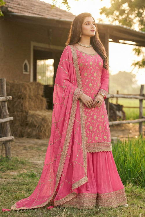 Nidhi Shah Chinon Fabric Embroidered Pink Readymade Palazzo Salwar Kameez