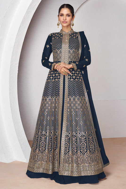 Vartika Singh Navy Blue Color Fashionable Readymade Georgette Sharara Top Lehenga