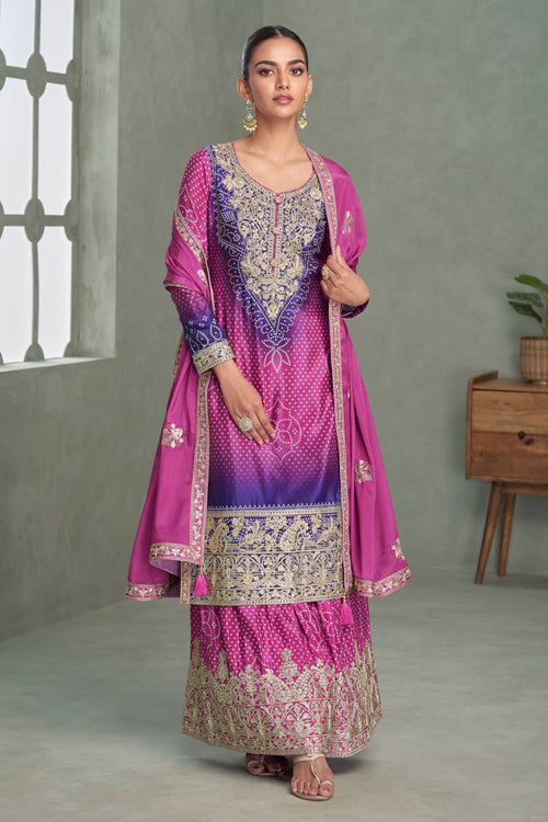Magenta Chinon Silk Readymade Palazzo Suit