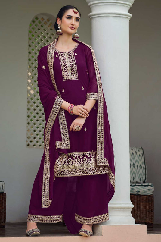 Tempting Georgette Fabric Purple Color Embroidered Palazzo Suit