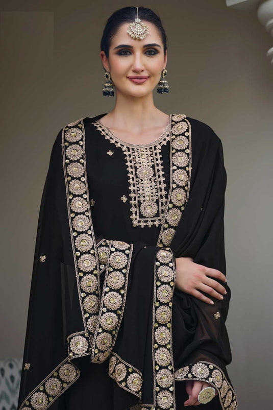 Classic Black Color Embroidered Palazzo Suit In Georgette Fabric