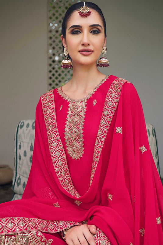 Georgette Fabric Pink Color Embroidered Winsome Palazzo Suit