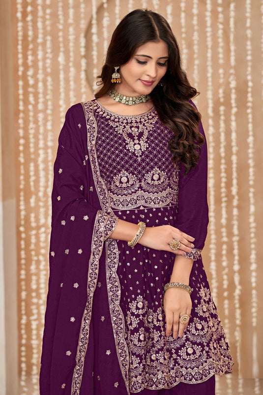 Engaging Purple Color Chinon Fabric Function Wear Palazzo Suit