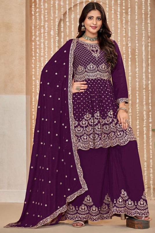 Engaging Purple Color Chinon Fabric Function Wear Palazzo Suit