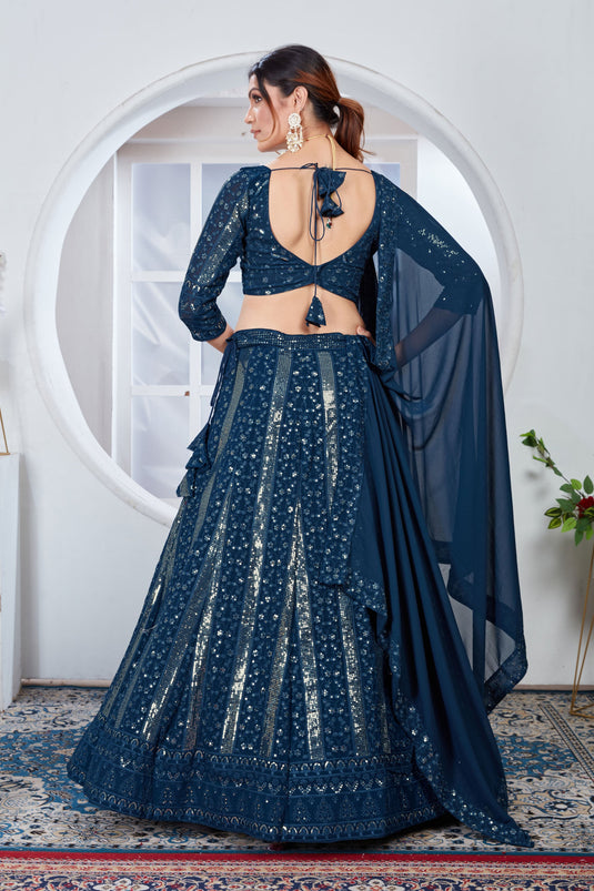 Soothing Sequins Work On Teal Color Georgette Fabric Lehenga