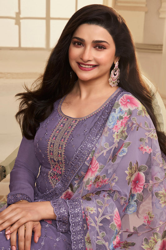 Prachi Desai Lavender Color Organza Fabric Tempting Salwar Suit