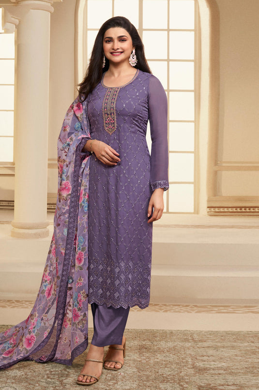 Prachi Desai Lavender Color Organza Fabric Tempting Salwar Suit