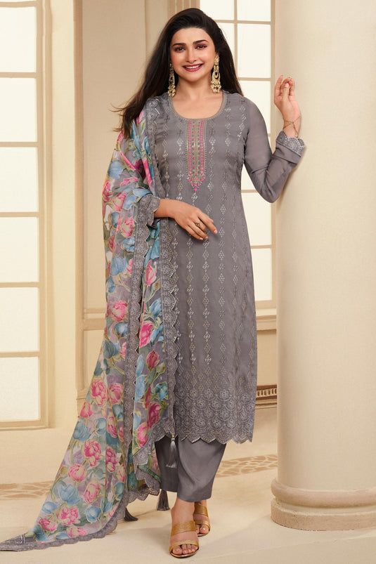 Prachi Desai Grey Color Organza Fabric Awesome Salwar Suit
