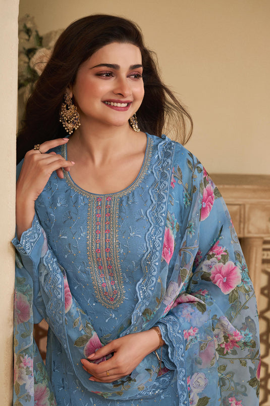 Prachi Desai Blue Color Inventive Salwar Suit In Organza Fabric