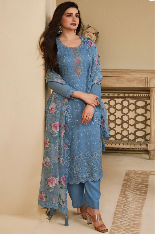 Prachi Desai Blue Color Inventive Salwar Suit In Organza Fabric