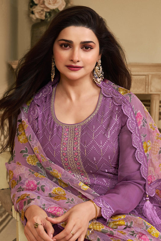 Prachi Desai Purple Color Organza Fabric Alluring Salwar Suit