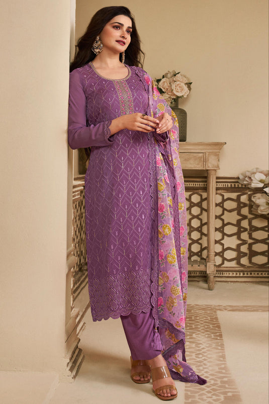 Prachi Desai Purple Color Organza Fabric Alluring Salwar Suit