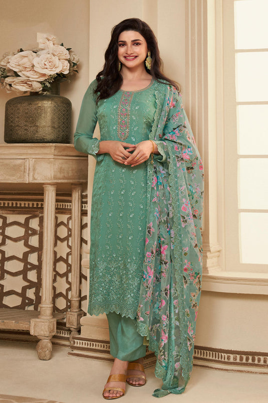 Prachi Desai Organza Fabric Green Color Elegant Salwar Suit