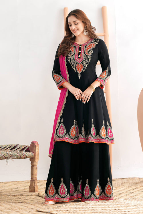 Black Color Chinon Fabric Readymade Palazzo Suit