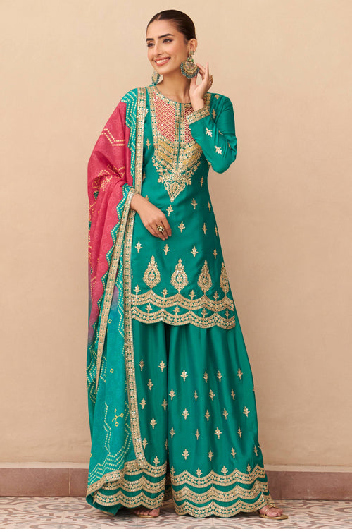 Teal Embroidered Readymade Palazzo Set With Neck Dupatta