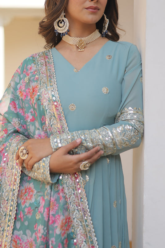 Exclusive Light Cyan Color Readymade Gown WIth Dupatta In Georgette Fabric