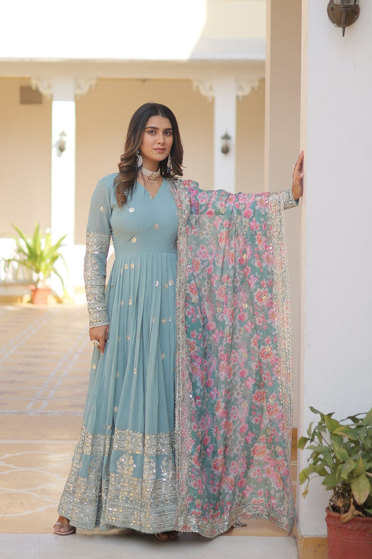 Exclusive Light Cyan Color Readymade Gown WIth Dupatta In Georgette Fabric