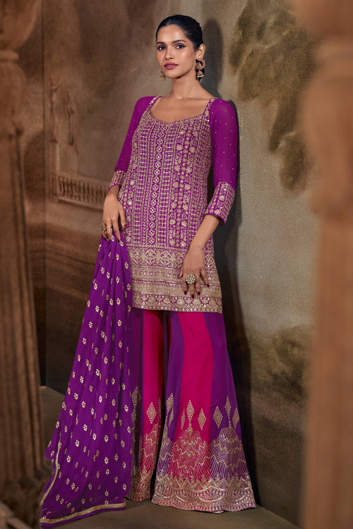 Purple Heavy Embroidered Palazzo Suit