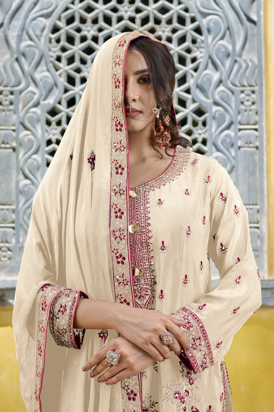 Dazzling Chinon Fabric Cream Color Festive Look Palazzo Suit