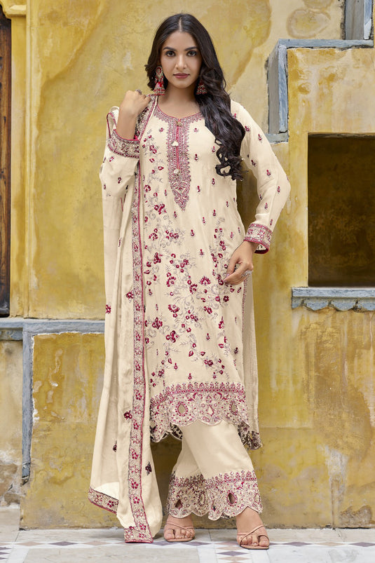 Dazzling Chinon Fabric Cream Color Festive Look Palazzo Suit