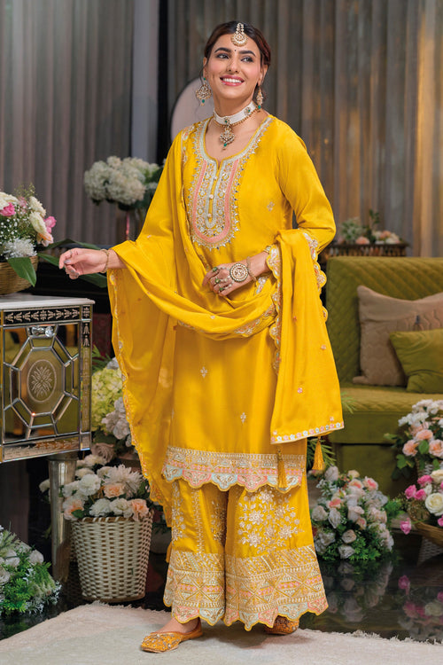 Yellow Chinon Designer Readymade Palazzo Suit