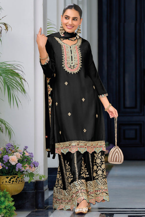 Chinon Black Embroidered Readymade Palazzo Anarkali Suit
