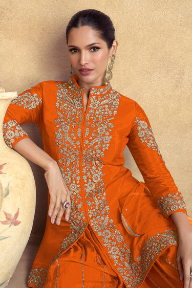 Orange Premium Chinon Silk Embroidered Readymade Palazzo Salwar Kameez