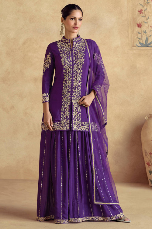 Embroidered Chinon Silk Purple Party Wear Palazzo Suit