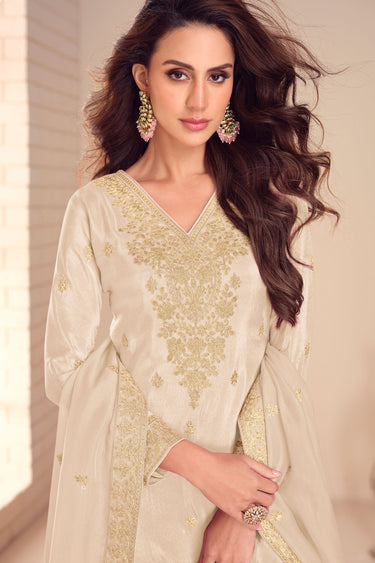 Beige Premium Art Silk Embroidered Readymade Palazzo Suit
