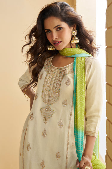Womens Beige Embroidered Chinon Silk Readymade Palazzo Suit With Dupatta