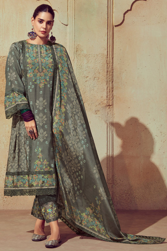 Grey Color Muslin Fabric Elegant Festive Look Salwar Suit