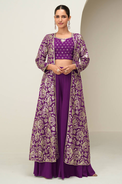 Purple Chinon Silk Embroidered Indo Western Palazzo Suit With Jacket