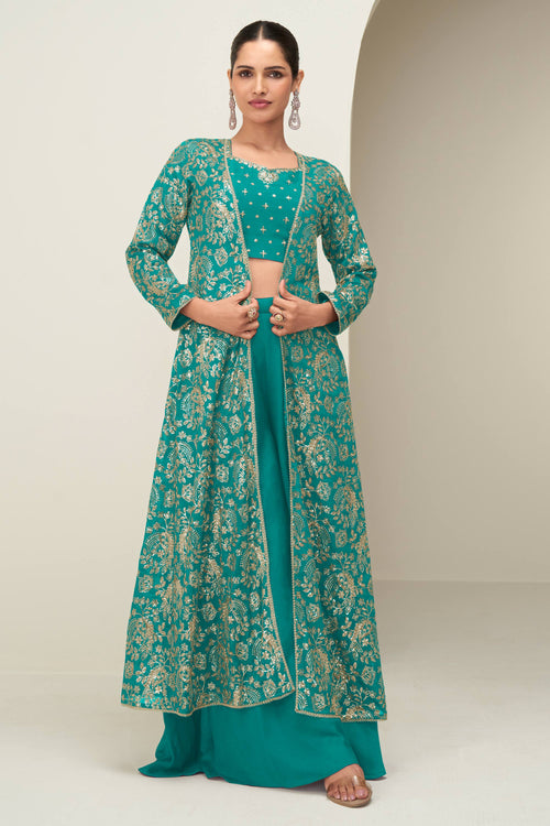 Party Wear Cyan Embroidered Indo Western Palazzo Set With Jacket