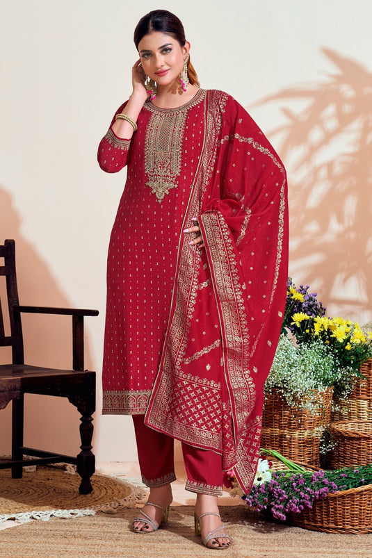 Red Color Vichitra Silk Fabric Tempting Festive Look Salwar Suit