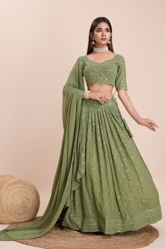 Sequins Work Georgette Sangeet Wear Ravishing Lehenga In Sea Green Color