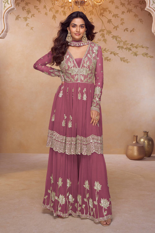 Embroidered Chinon Fabric Pink Readymade Palazzo Suit For Party Wear
