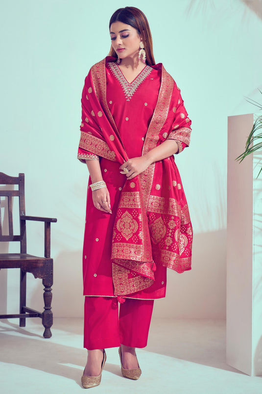 Rani Color Glittering Art Silk Fabric Festive Style Salwar Suit