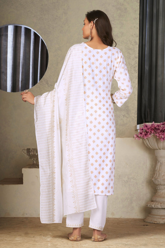 Imperial White Color Rayon Fabric Readymade Salwar Suit In Festive Wear