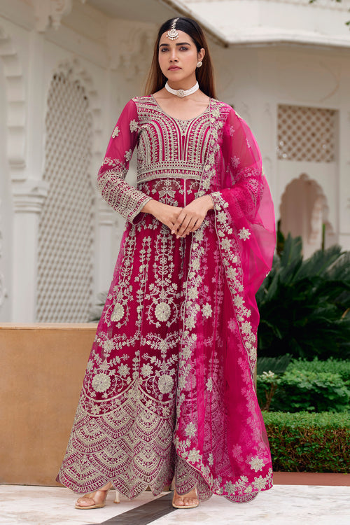 Heavy Net Embroidered Magenta Designer Readymade Anarkali Suit