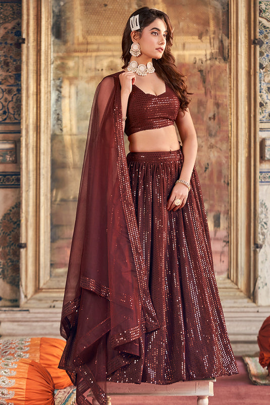 Creative Sequins Work On Lehenga In Brown Color Georgette Fabric