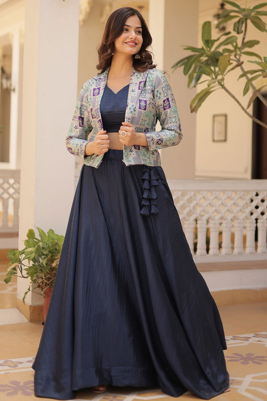 Chinon Fabric Navy Blue Color Beatific Readymade Lehenga Choli With Koti