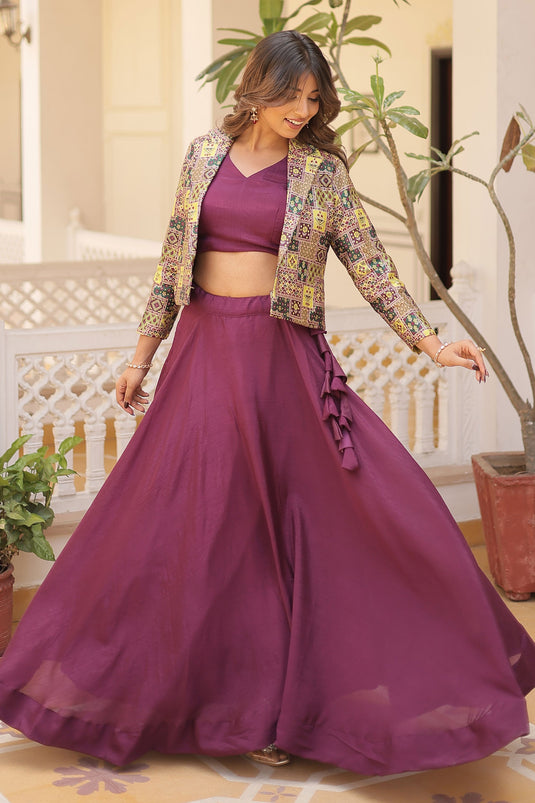 Fabulous Chinon Fabric Wine Color Readymade Lehenga Choli With Koti