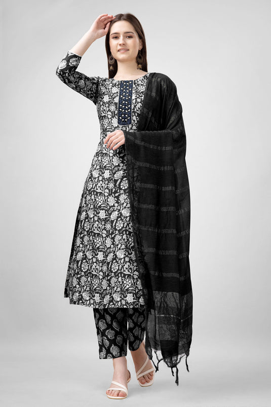 Excellent Rayon Fabric Black Color Readymade Salwar Suit With Printed Work