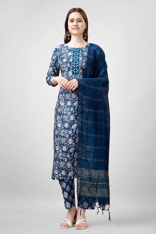 Teal Color Printed Work On Rayon Fabric Beatific Readymade Salwar Suit