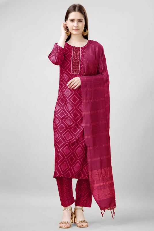 Creative Printed Work On Readymade Salwar Suit In Rani Pink Color Rayon Fabric