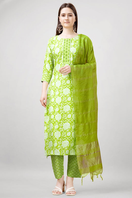 Marvellous Printed Work On Rayon Fabric Readymade Salwar Suit In Green Color