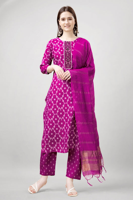 Magenta Color Printed Work On Engaging Rayon Fabric Readymade Salwar Suit